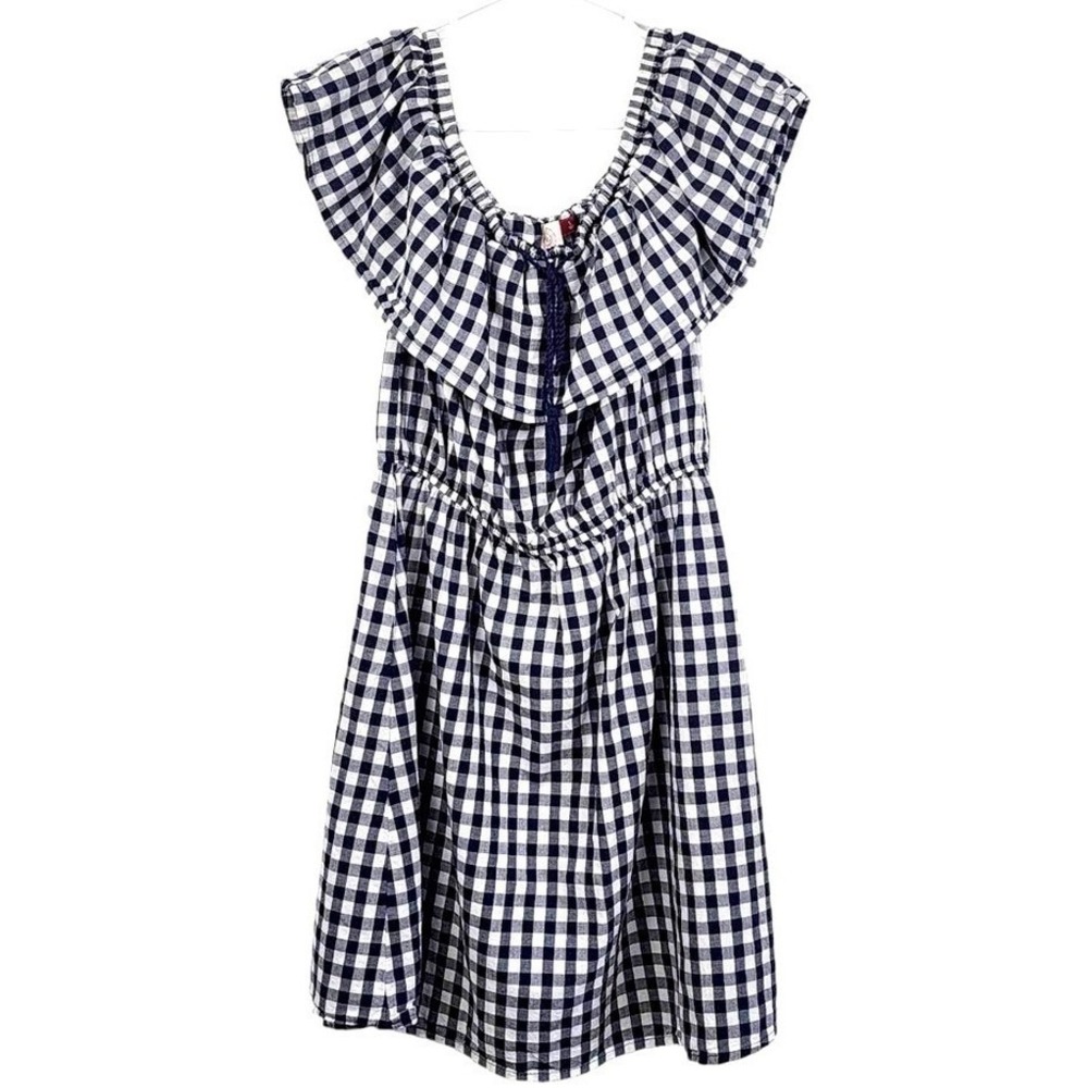 SO Authentic American‎ Heritage Navy Gingham Ruffle Off Shoulder Cotton Dress L